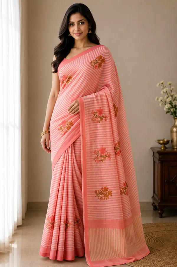 Pink_Cotton_Striped_Floral_Embroidered_Saree_For_Women