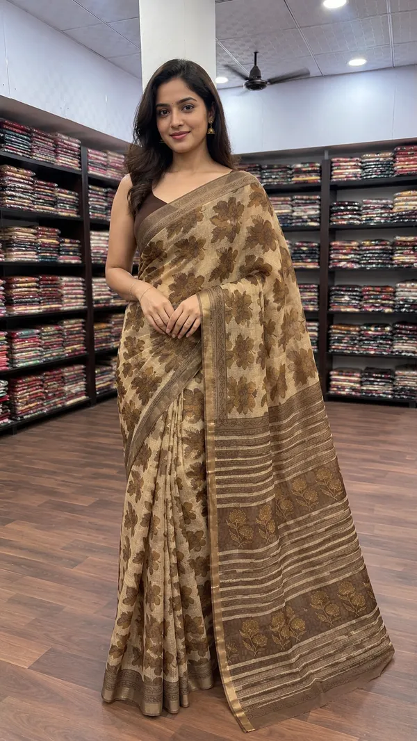 Beige_Kota_Doria_Floral_Print_Striped_Border_Saree_For_Women