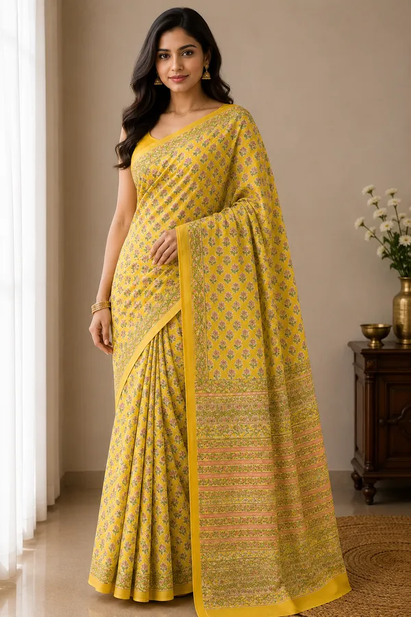 Yellow_Cotton_Floral_Print_Saree_For_Women
