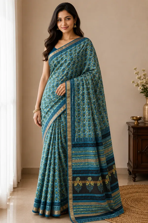 Teal_Maheshwari_Silk_Printed_Border_Saree_For_Women