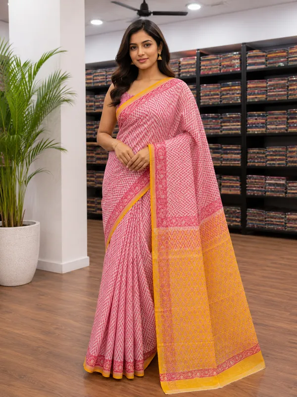 Pink_Kota_Doria_Printed_Saree_With_Yellow_Border_For_Women