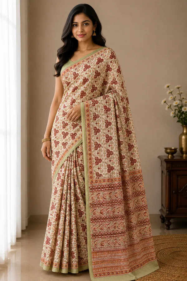 Beige_Cotton_Silk_Floral_Print_Contrast_Border_Saree_For_Women