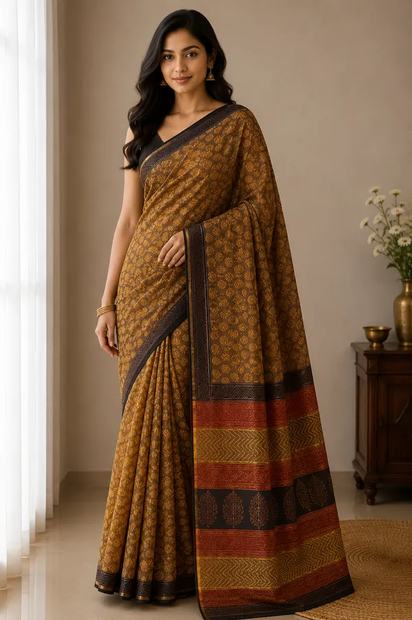 Mustard_Cotton_Silk_Printed_Contrast_Border_Saree_For_Women