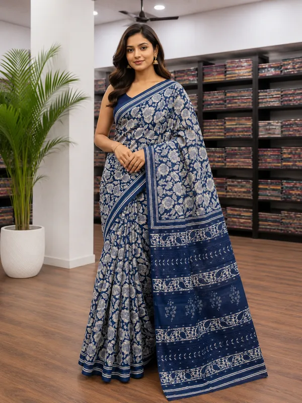 Navy_Blue_Cotton_Printed_Floral_Saree_For_Women