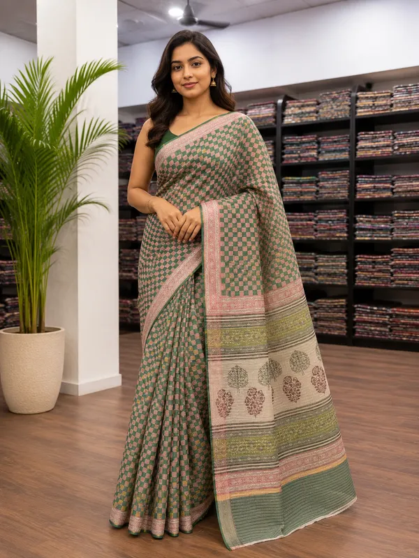 Green_Kota_Doria_Checkered_Print_Border_Saree_For_Women