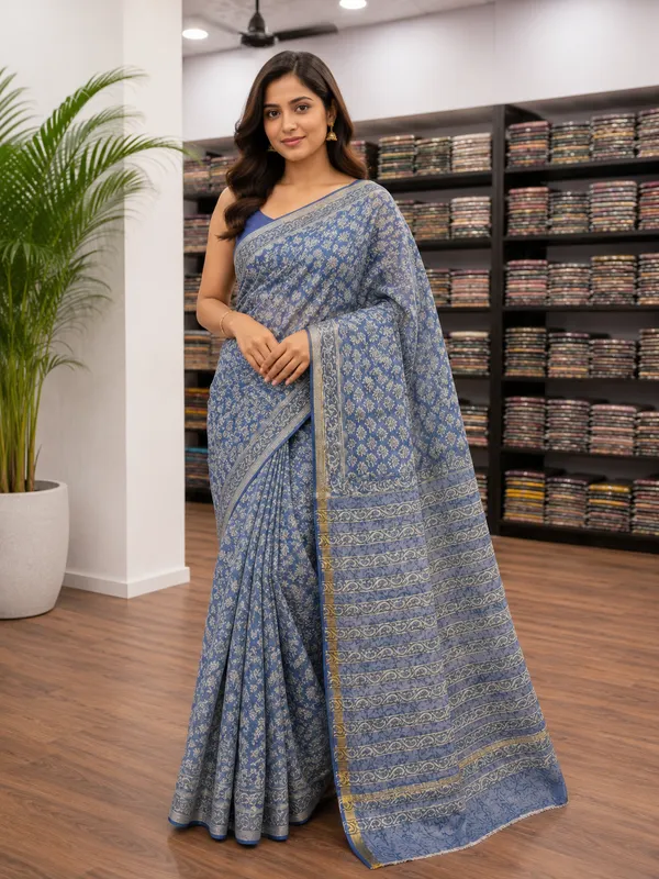 Blue_Kota_Doria_Block_Print_Traditional_Saree_For_Women