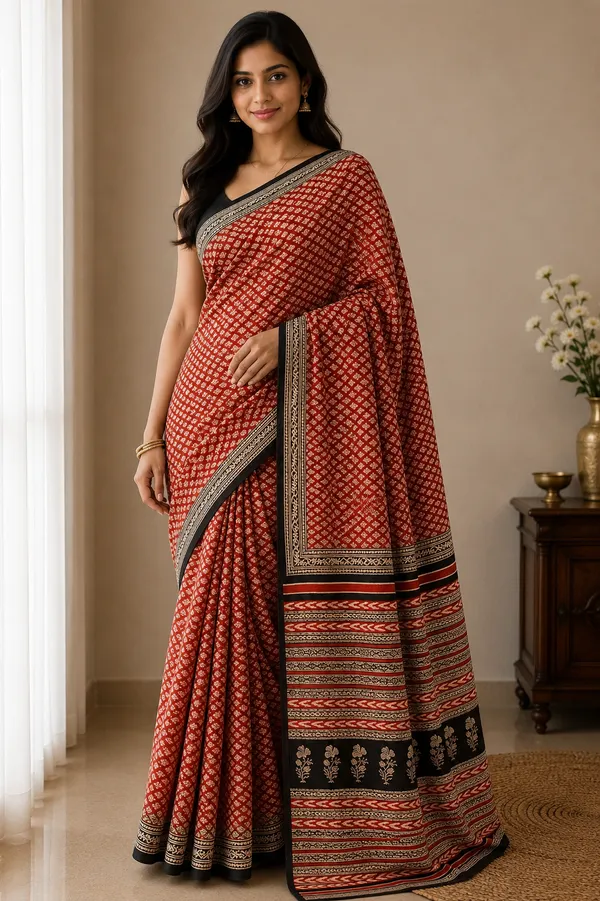 Red_Cotton_Geometric_Printed_Contrast_Border_Saree_For_Women