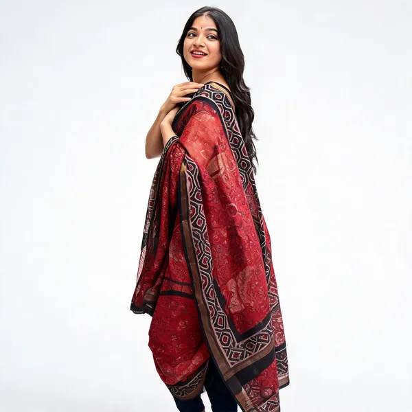 Red_Kota_Doria_Geometric_Printed_Saree_For_Women