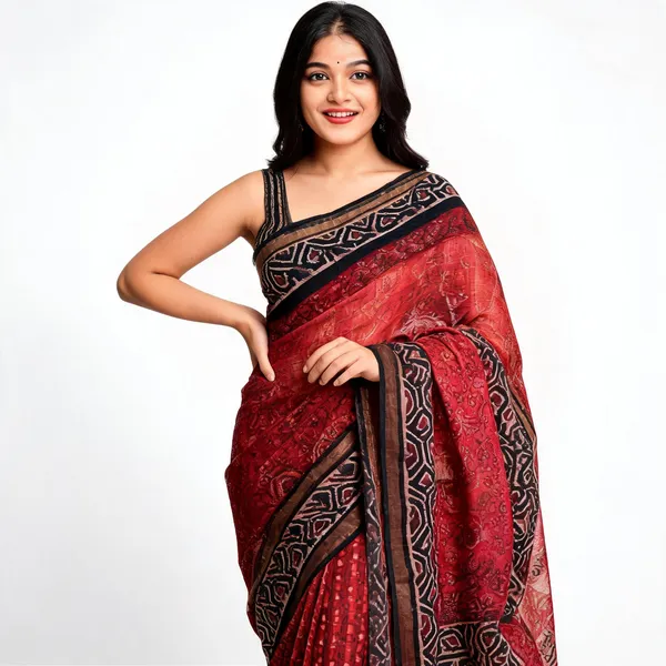 Red_Kota_Doria_Geometric_Printed_Saree_For_Women