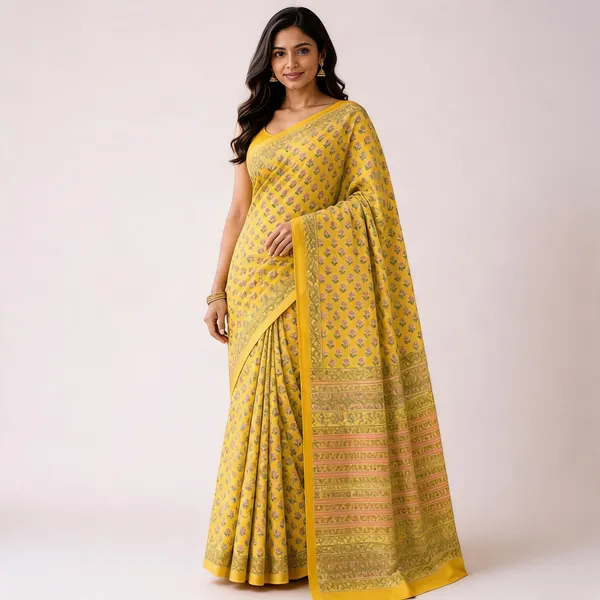 Yellow_Cotton_Floral_Print_Saree_For_Women