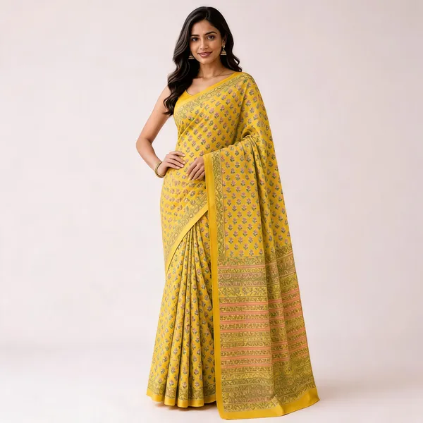Yellow_Cotton_Floral_Print_Saree_For_Women