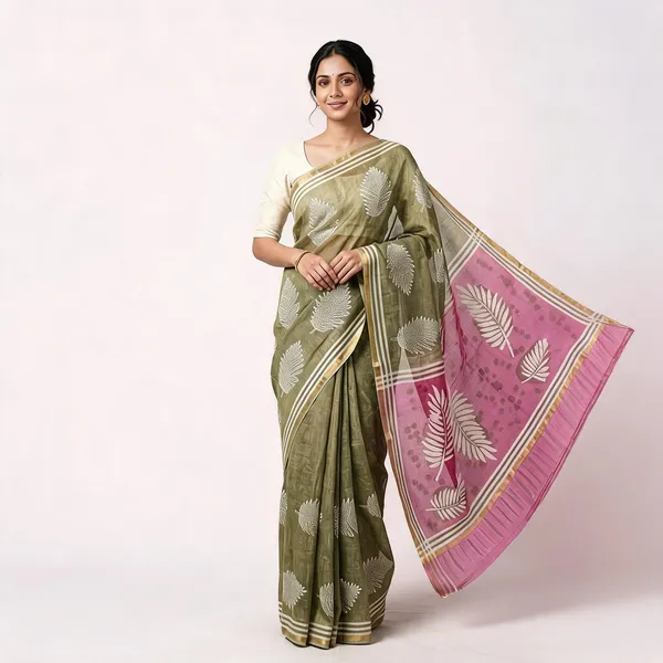Olive_Kota_Doria_Leaf_Print_Pink_Pallu_Saree_For_Women