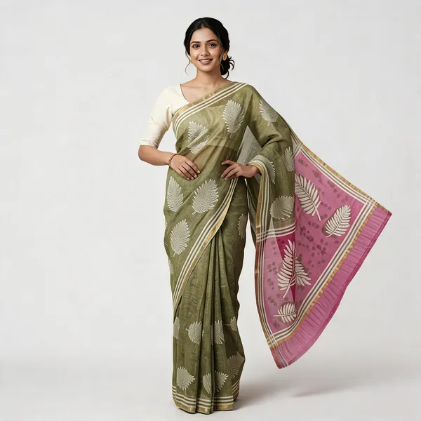 Olive_Kota_Doria_Leaf_Print_Pink_Pallu_Saree_For_Women