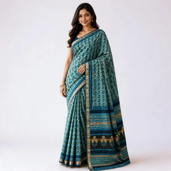 Teal_Maheshwari_Silk_Printed_Border_Saree_For_Women