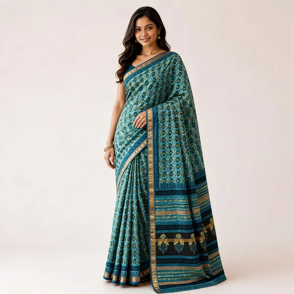 Teal_Maheshwari_Silk_Printed_Border_Saree_For_Women