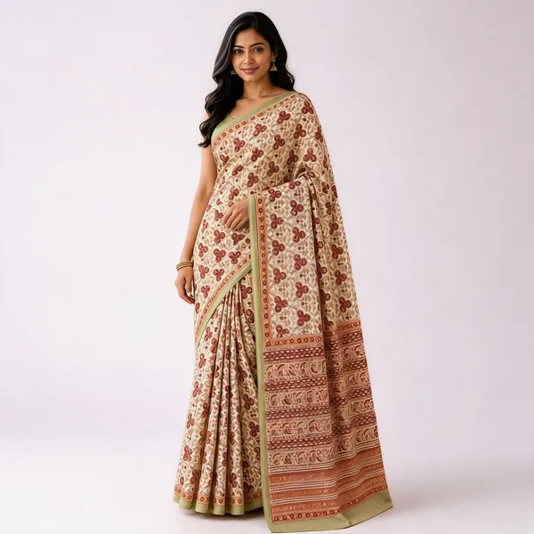 Beige_Cotton_Silk_Floral_Print_Contrast_Border_Saree_For_Women