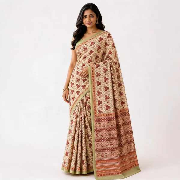 Beige_Cotton_Silk_Floral_Print_Contrast_Border_Saree_For_Women