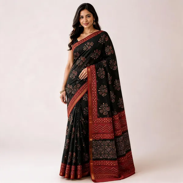 Black_Maheshwari_Silk_Printed_Red_Border_Saree_For_Women