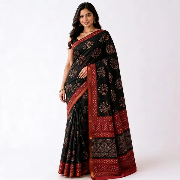 Black_Maheshwari_Silk_Printed_Red_Border_Saree_For_Women