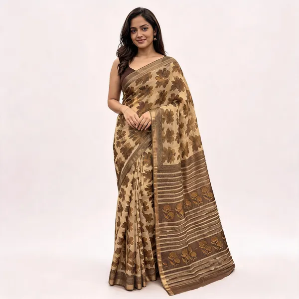Beige_Kota_Doria_Floral_Print_Striped_Border_Saree_For_Women