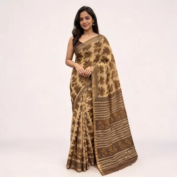 Beige_Kota_Doria_Floral_Print_Striped_Border_Saree_For_Women