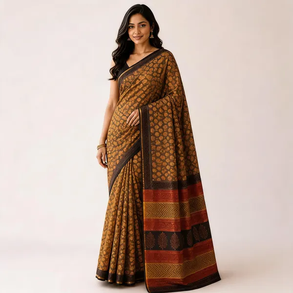 Mustard_Cotton_Silk_Printed_Contrast_Border_Saree_For_Women