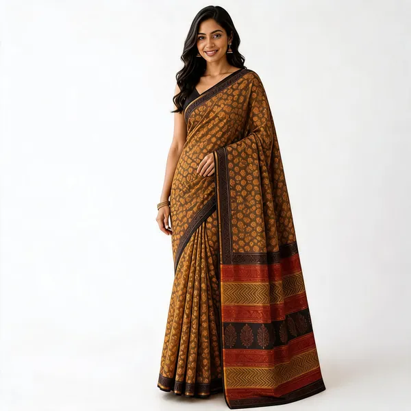 Mustard_Cotton_Silk_Printed_Contrast_Border_Saree_For_Women