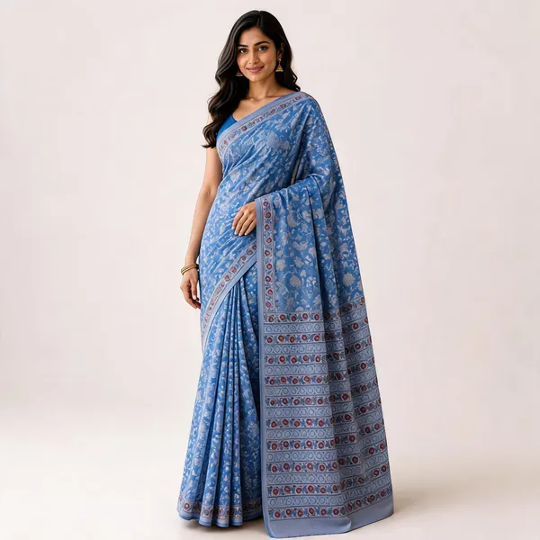 Blue_Cotton_Floral_Print_Border_Saree_For_Women
