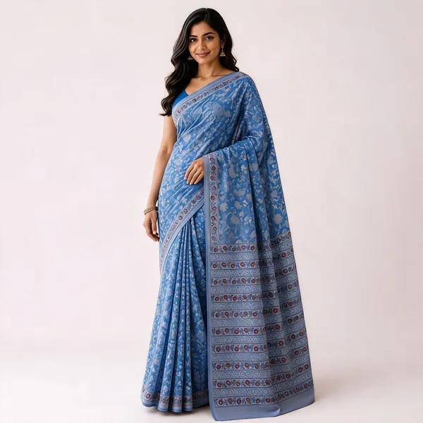 Blue_Cotton_Floral_Print_Border_Saree_For_Women