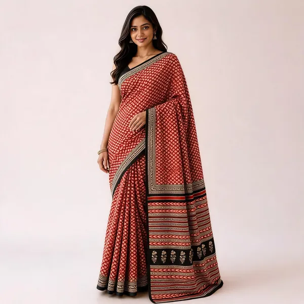 Red_Cotton_Geometric_Printed_Contrast_Border_Saree_For_Women