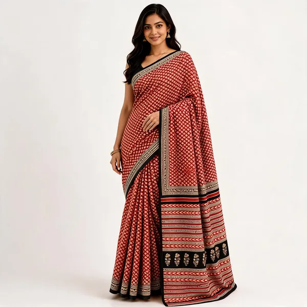 Red_Cotton_Geometric_Printed_Contrast_Border_Saree_For_Women