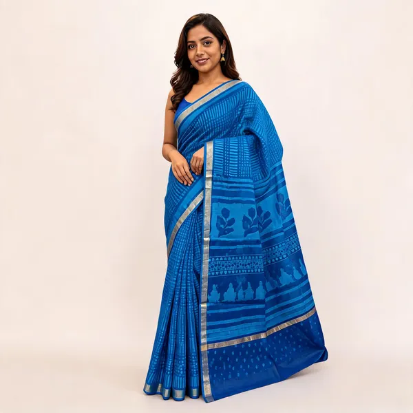 Blue_Silk_Cotton_Geometric_Block_Print_Silver_Border_Saree_For_Women