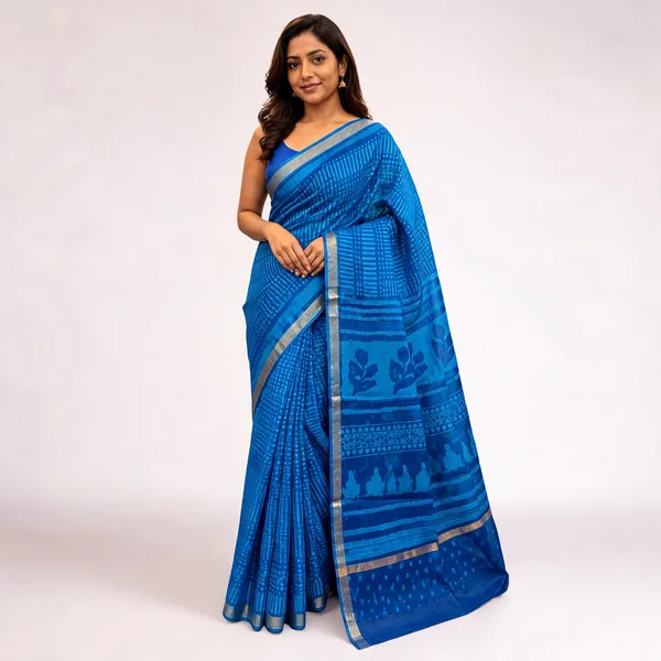 Blue_Silk_Cotton_Geometric_Block_Print_Silver_Border_Saree_For_Women
