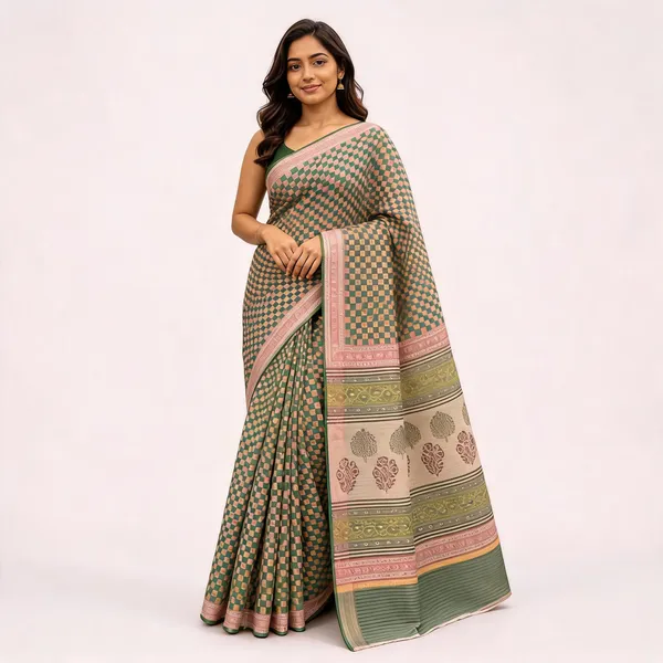 Green_Kota_Doria_Checkered_Print_Border_Saree_For_Women