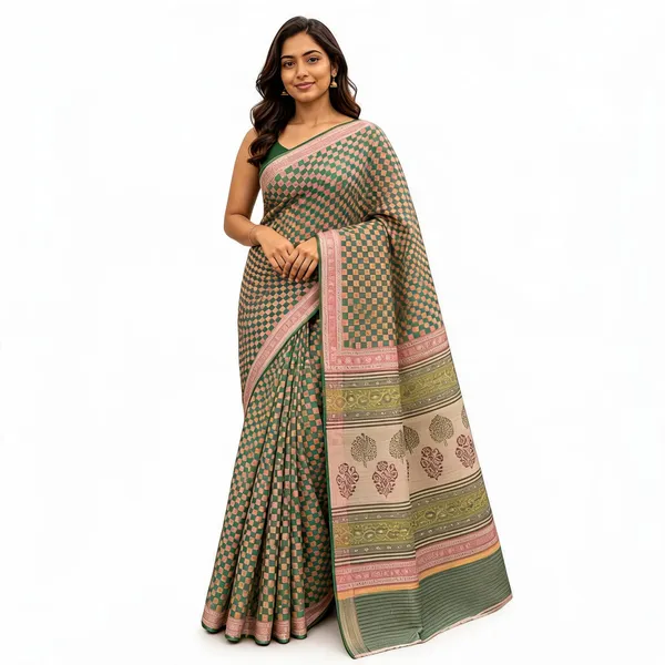 Green_Kota_Doria_Checkered_Print_Border_Saree_For_Women