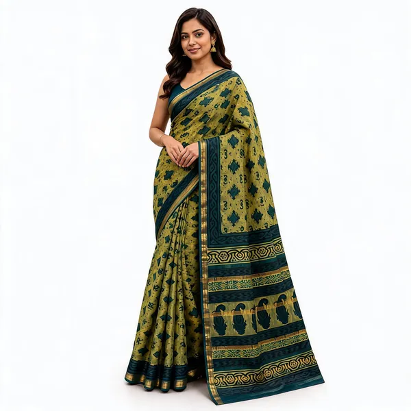 Green_Maheshwari_Silk_Block_Print_Contrast_Border_Saree_For_Women