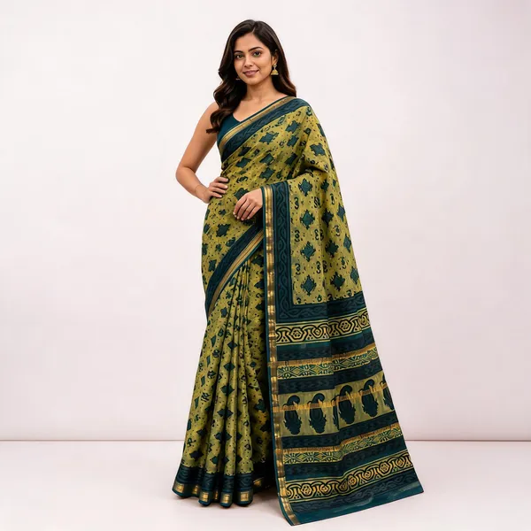 Green_Maheshwari_Silk_Block_Print_Contrast_Border_Saree_For_Women
