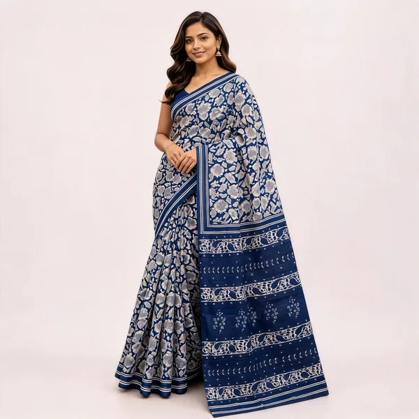 Navy_Blue_Cotton_Printed_Floral_Saree_For_Women
