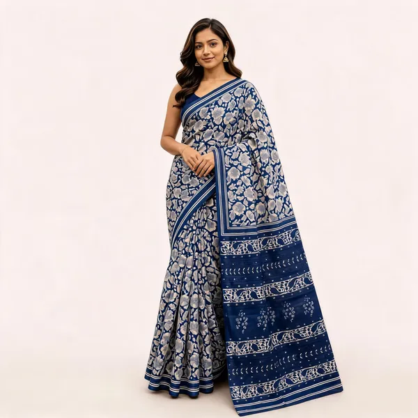 Navy_Blue_Cotton_Printed_Floral_Saree_For_Women