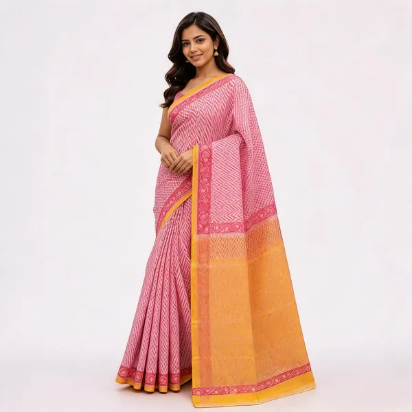 Pink_Kota_Doria_Printed_Saree_With_Yellow_Border_For_Women