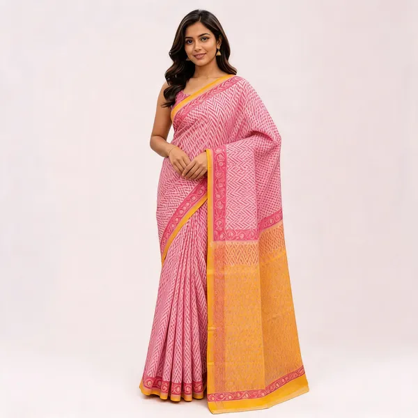 Pink_Kota_Doria_Printed_Saree_With_Yellow_Border_For_Women