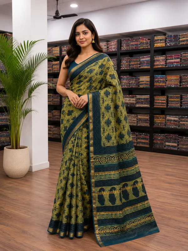 Green_Maheshwari_Silk_Block_Print_Contrast_Border_Saree_For_Women