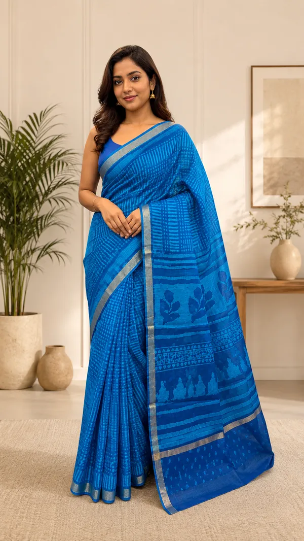 Blue_Silk_Cotton_Geometric_Block_Print_Silver_Border_Saree_For_Women