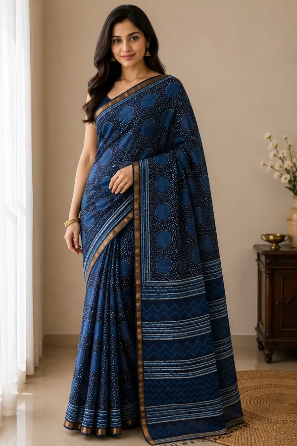 Navy_Blue_Maheshwari_Silk_Printed_Zari_Border_Saree_For_Women