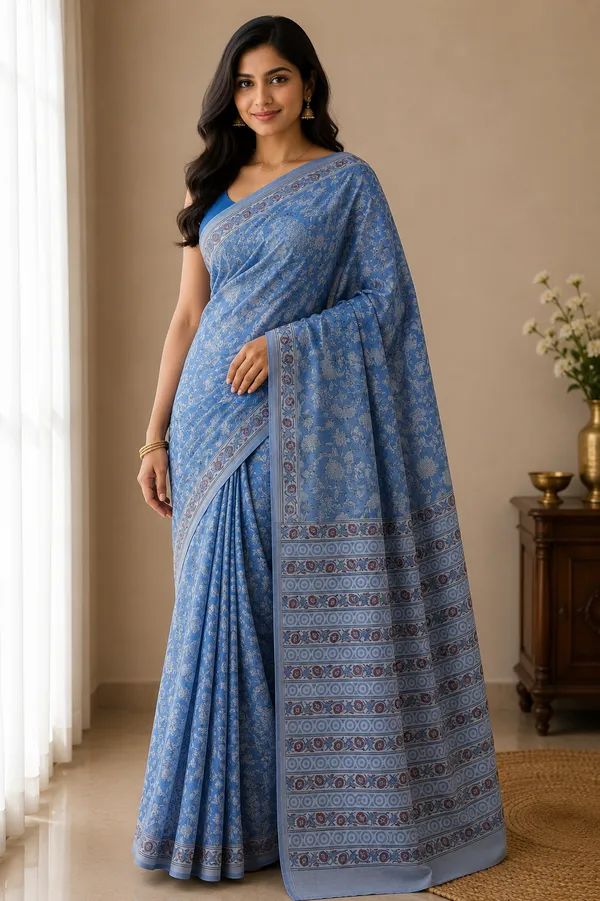 Blue_Cotton_Floral_Print_Border_Saree_For_Women