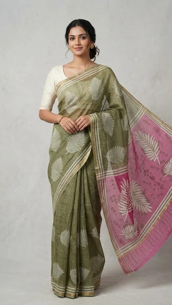 Olive_Kota_Doria_Leaf_Print_Pink_Pallu_Saree_For_Women