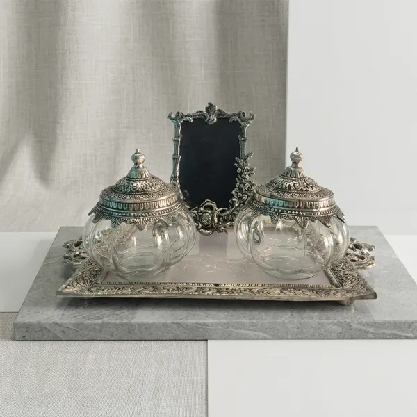 Antique_Silver_Decorative_Tray_Set_With_Glass_Containers_And_Mirror