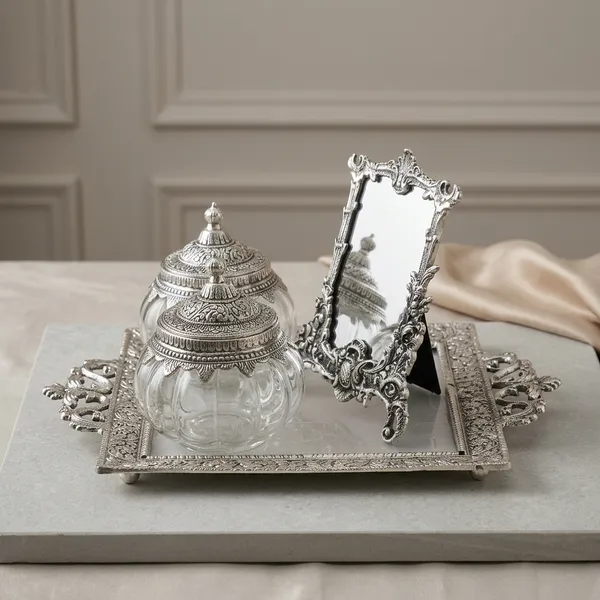 Antique_Silver_Decorative_Tray_Set_With_Glass_Containers_And_Mirror