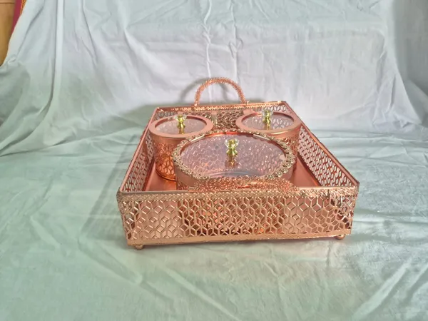 COPPER_PLATED_ORNATE_SERVING_TRY_WITH_THREE_JARS_AND_ONE_SPOON_BOX