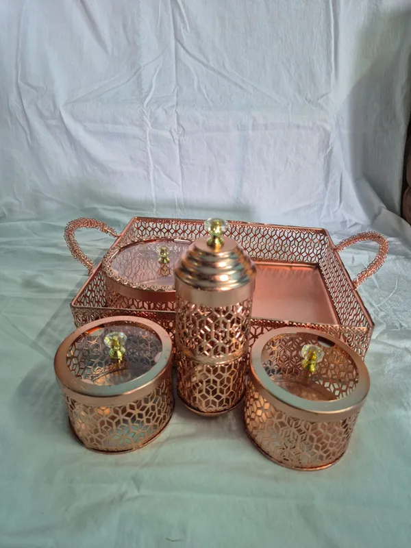 COPPER_PLATED_ORNATE_SERVING_TRY_WITH_THREE_JARS_AND_ONE_SPOON_BOX